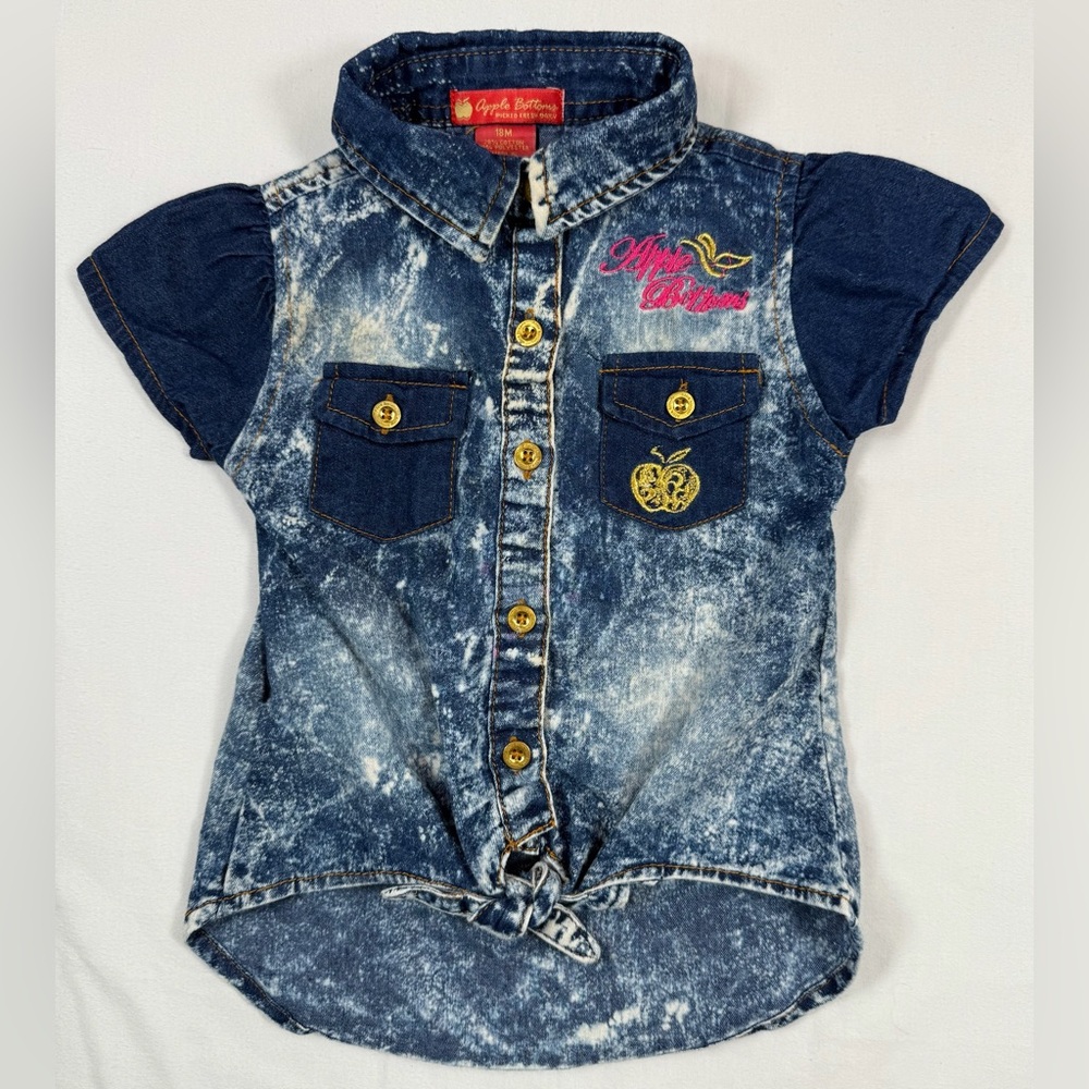 APPLE BOTTOMS Baby Girls' Y2K Chambray Acid Wash Tie Front Button Down Shirt 18M